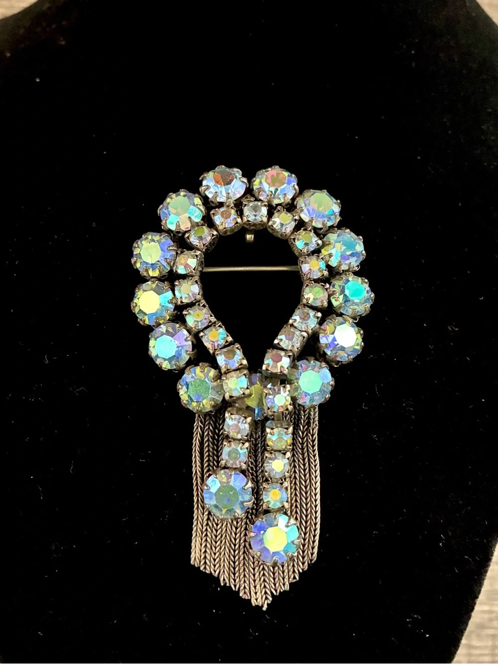 Vendome Rare Aurora Crystal Fringe Brooch or Pendant - Iridescent Blues